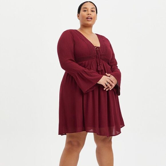 Torrid Mini Gauze Lace-Up Skater Dress Burgandy Boho 0 Or Large - Picture 2 of 7